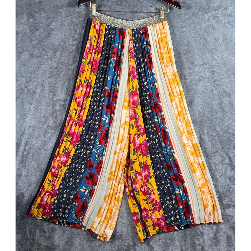 Anthropologie Spirited Patchwork Pants Small Floral Pleated Wide Leg Boho Chic